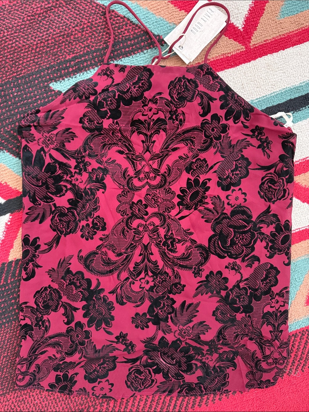 Anthropologie Pink and Black Floral Velvet Burnout Halter Camisole
